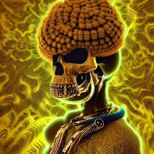 Image similar to a golden skull face african electric shaman with an afro made of flowers, third eye art art by machina infinitum, complexity from simplicity, rendered in octane, mandelbulb 3 d, ambient occlusion, macro photography, felt!!! texture, tribal, retrowave