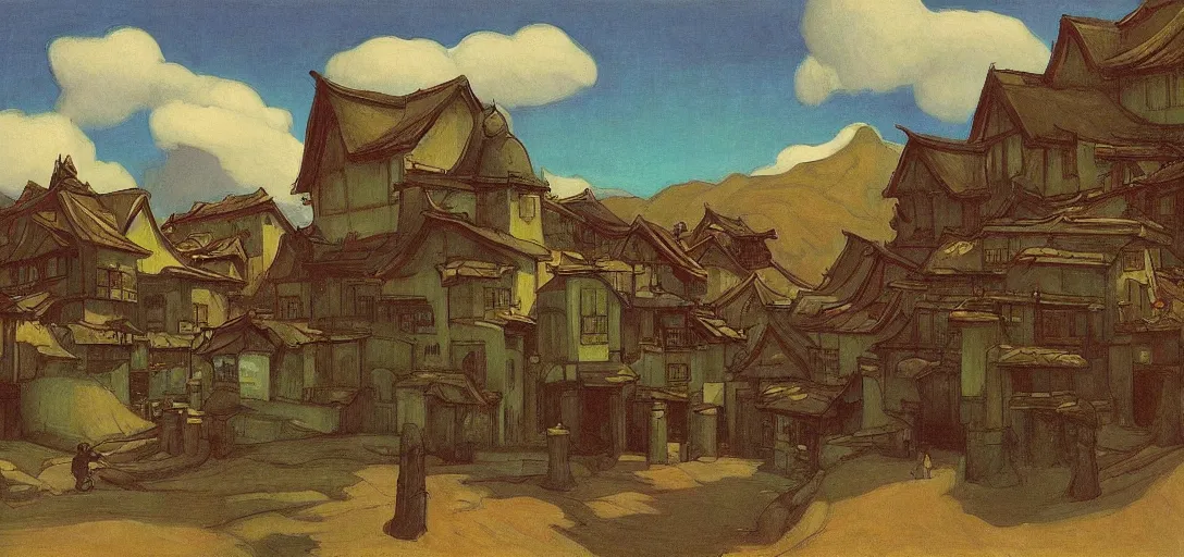 Prompt: goron village by Edward Hopper, detailed, trending, style of Gustave Dore, style of Yoshitaka Amano