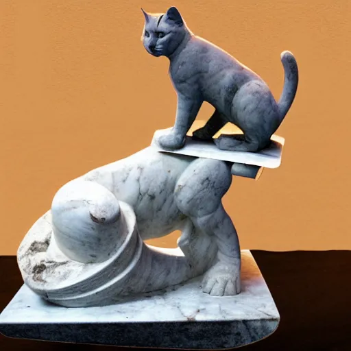 Prompt: photo of greek marble statue of cat on a skateboard