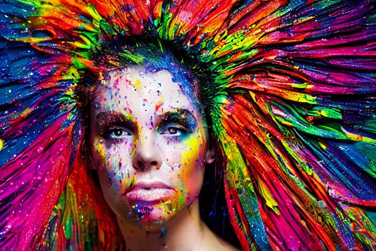 Image similar to a highly detailed cinematic headshot portrait photograph of a woman with a liquid paint headdress, with rainbow paint splash, melting smoothly into other faces, liquid, ultra realistic, beautiful rim lighting, by richard avedon and annie leibovitz and arnold newman, photorealistic, hyperrealistic, octane, high speed camera, zeiss lens, sharp focus, paint splash