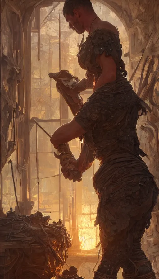 Image similar to the blacksmith, sweaty, insane, intricate, highly detailed, digital painting, artstation, concept art, smooth, sharp focus, illustration, Unreal Engine 5, 8K, art by artgerm and greg rutkowski and alphonse mucha