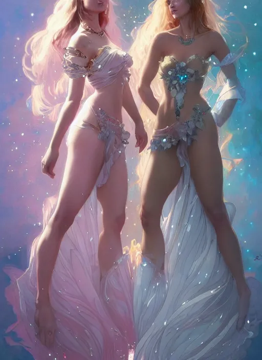 Image similar to a couple made of sparkling crystal, diamond and rose quartz, full body view, beautiful high quality realistic fantasy art, trending on artstation by artgerm and greg rutkowski and alphonse mucha