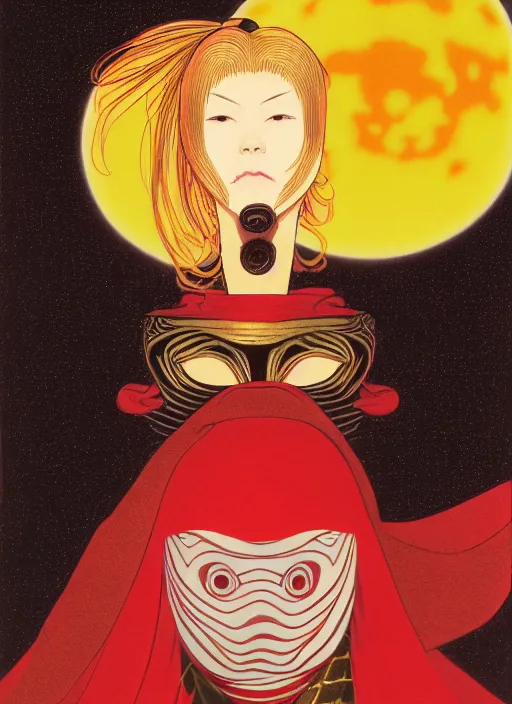 Image similar to portrait of a woman with a mask on his face in the form of a spiral in a golden kimono, full face, against the background of a bright red moon, sad motif, by hisashi eguchi, kentaro miura, and yoshitaka amano, soft colors, futuristic, 8 k