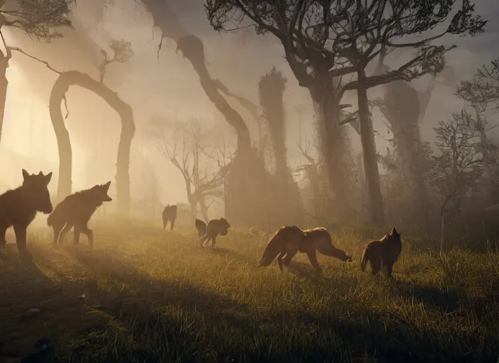 Image similar to a pack of giant wolfs walk through the ruins of a viking village, horror, dramatic lighting, dawn, by caspar david friedrich, unreal engine 5