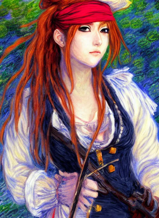Image similar to a portrait of a female pirate, very anime in impressionist style, anime trending artwork, 4 k, anime painter studio, by claude monet