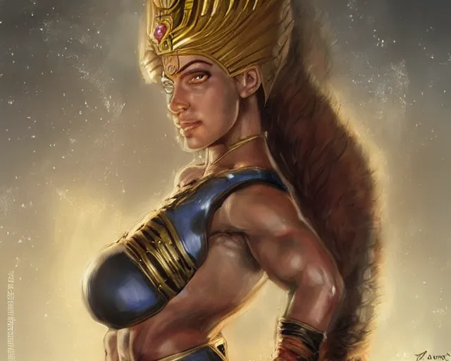 Prompt: portrait of samus aran as a very attractive female bodybuilder egyptian queen, elegant, fantasy, hd shot, digital portrait, beautiful, artstation, comic style, by artgerm, guy denning, jakub rozalski, magali villeneuve and charlie bowater