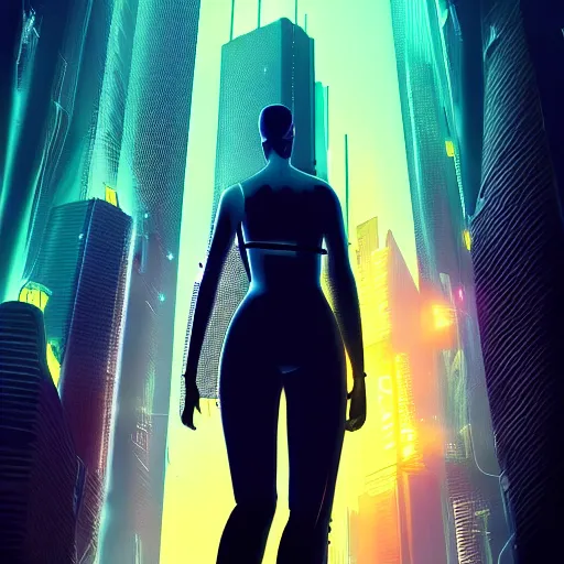 Image similar to « futuristic city, cyberpunk, blade runner, sunrise, morning, girl watching the sky, ground view to the top »