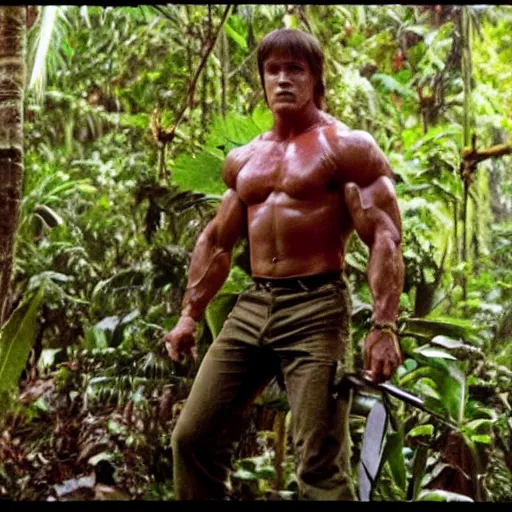 Image similar to a photo of arnold schwarzenegger as rambo, in the jungle, sweat, little dirty, high details