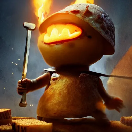 Image similar to medieval battle toast, a slice of toasted bread with a face, arms and legs, holding a sword, cute, pixar, volumetric lighting, dynamic composition, fantasy, hyper detailed, ultra realistic, sharp focus, octane render, concept art by ruan jia and heng z and artem