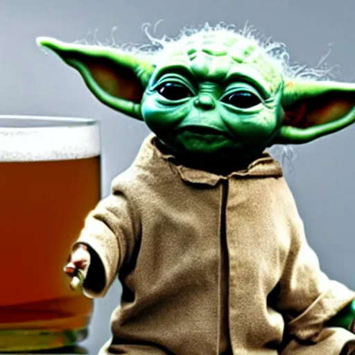 Prompt: baby yoda drinking a glass of whiskey