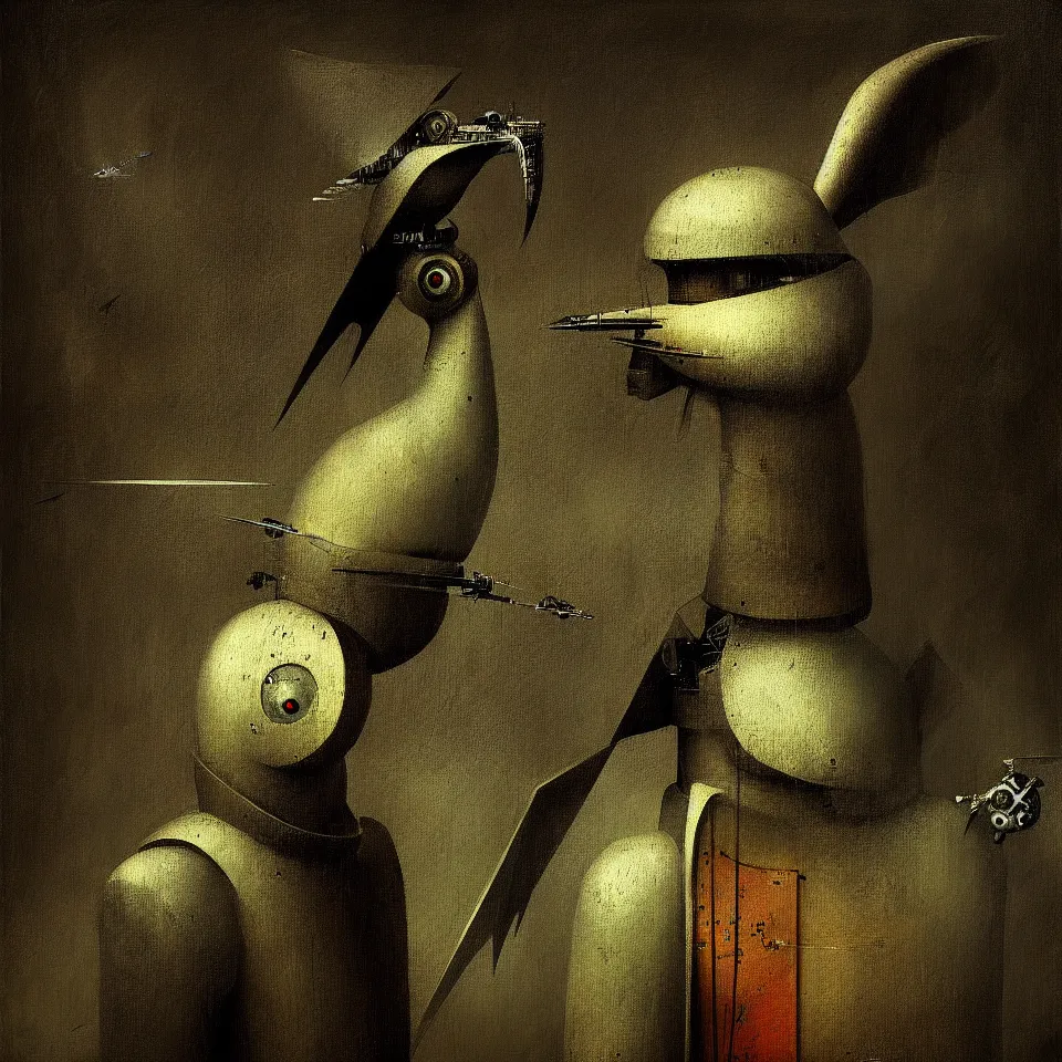 Image similar to robot bird, by hieronymus bosch, oil paint, portrait of a robotic bird by ben templesmith, portrait, cinematic, epic composition, digital painting, digital art, masterpiece