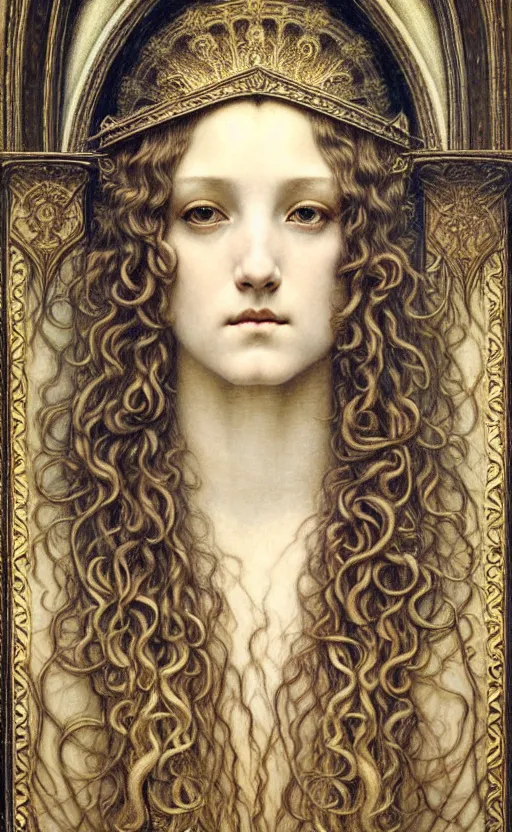 Image similar to detailed realistic beautiful young medieval queen face portrait by jean delville, gustave dore and marco mazzoni, art nouveau, symbolist, visionary, gothic, pre - raphaelite. horizontal symmetry