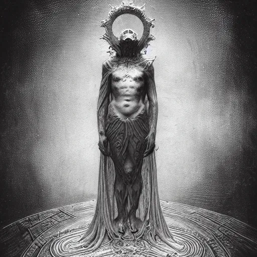 Image similar to ruler of the cosmic shadow realm, detailed, cgi, dark atmosphere, horror, by gustave dore, by emil melmoth, trippy, epic, symmetrical - h 8 3 3