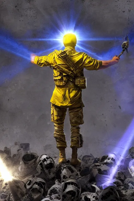 Prompt: A distant shot of a soldier with a blue and yellow flag in his hand while he is standing on a huge pile of skulls in triumph after the battle, head is up, flag in hands, modern warfare, bright rays of light, beams of lights, intricate volumetric lighting, volumetric lights, highly detailed, smooth, trending on artstation, digital illustration by Ruan Jia and Mandy Jurgens and Artgerm and Wayne Barlowe and Greg Rutkowski and Frank Frazetta