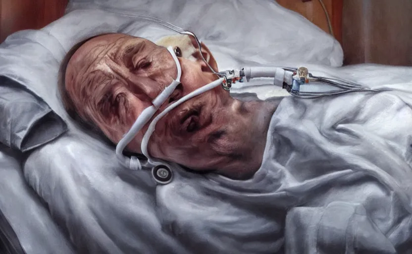 Image similar to hyperrealistic painting of very ill Vladimir Putin as a patient wearing an oxygen mask on a death bed inhaling from Copium tank that stand near his bed, dimly lit cozy tavern, leather tunic, confident relaxed pose, d&d, stunning 3d render inspired art by Tim Okamura and Lise Deharme + perfect facial symmetry + dim volumetric lighting, 8k octane beautifully detailed render, post-processing, extremely hyperdetailed, intricate, epic composition, grim yet sparkling atmosphere, cinematic lighting + masterpiece, trending on artstation, very very detailed, masterpiece, stunning