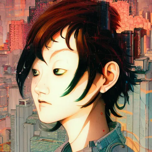 Image similar to prompt : city scavenger portrait soft light painted by james jean and katsuhiro otomo and erik jones, inspired by akira anime, smooth face feature, intricate oil painting, high detail illustration, sharp high detail, manga and anime 1 9 9 9