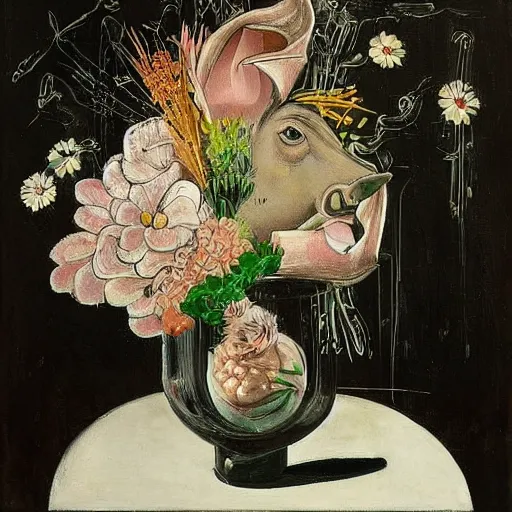 Prompt: “a portrait in an art student’s apartment, feminine pigs as flowers in an elaborate dramatic flower arrangement, pork, ikebana white flowers, white wax, squashed berries, acrylic and spray paint and oilstick on canvas, by munch and Dali”