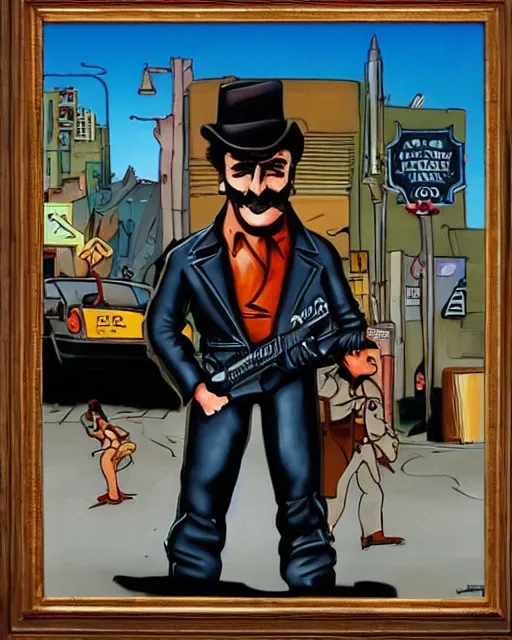 Image similar to detective with gun in leather jacket, los angeles city street, artwork by ralph bakshi