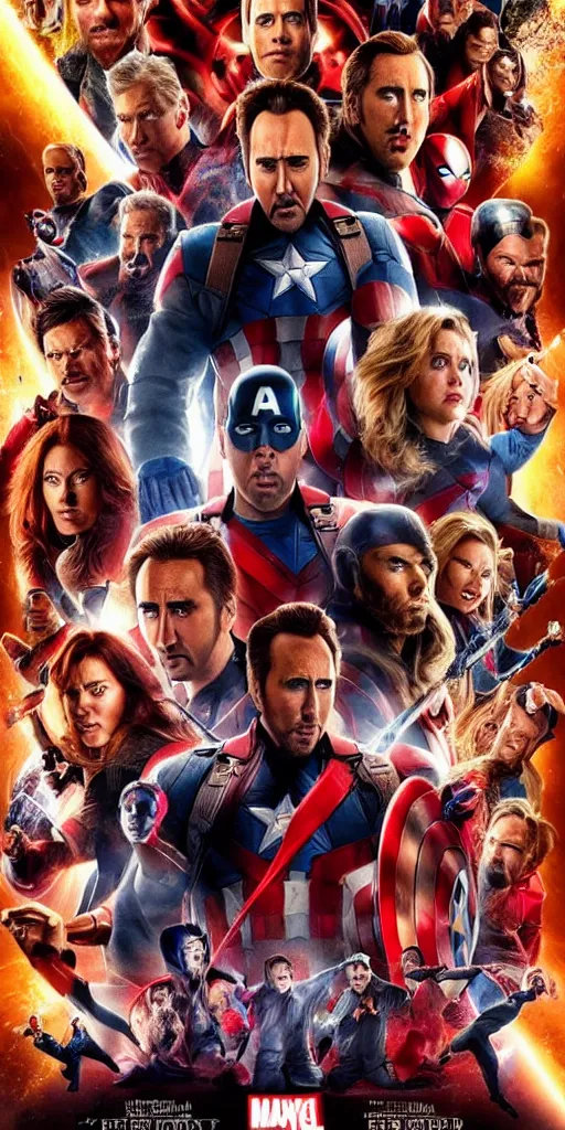 Prompt: a movie poster for a marvel movie but every face is nicolas cage