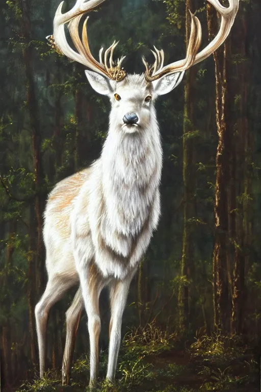 Image similar to an oil painting of the king of the forest: a white stag, beautiful, fantasy, hyper realistic, dramatic lighting