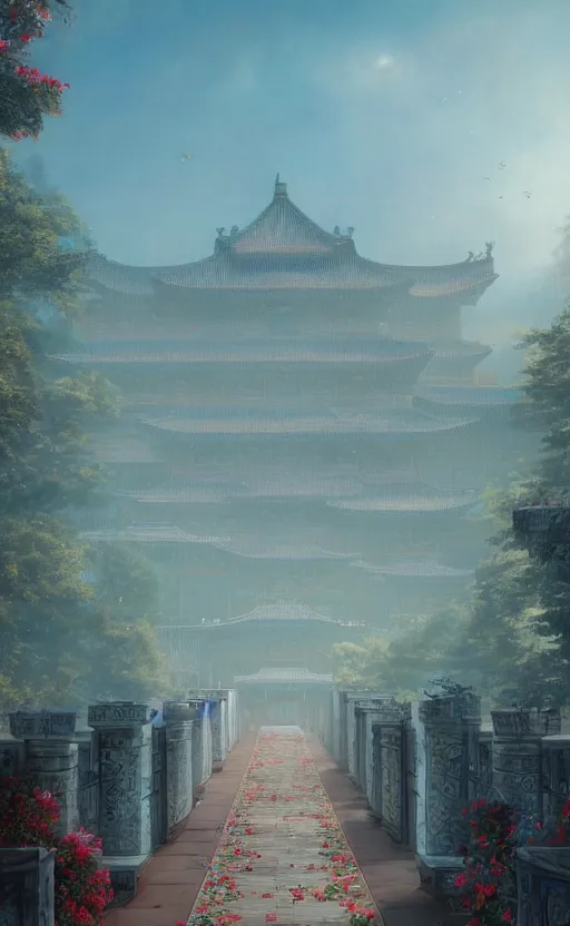 Image similar to vanishing point, palace covered with aqua blue roses like the forbidden city in distance at the red rose royal manor, viewed from afar, stephen bliss, misty, unreal engine, fantasy art by greg rutkowski, loish, ferdinand knab, and lois van rossdraws,, global illumination, radiant light, minimalist, detailed and intricate environment