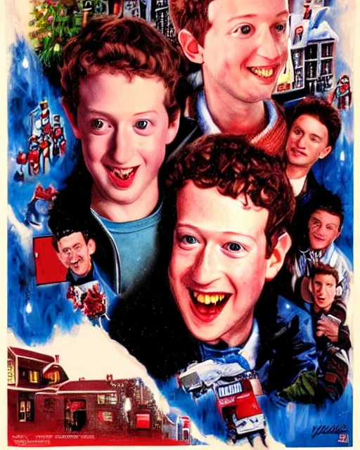 Image similar to mark zuckerberg as kevinin in home alone, airbrush, drew struzan illustration art, key art, movie poster