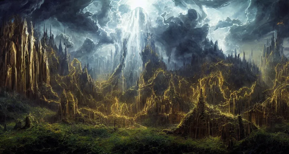 Image similar to concept art of the supernal realm of'arcadia, the fey realm'from the modern supernatural arcane magical thriller tabletop rpg'mage : the awakening ', by david mattingly and samuel araya and michael whelan and michael william kaluta and francisco goya. realistic 8 k matte painting with photorealistic hd lighting.