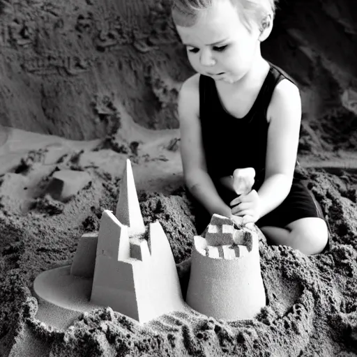 Image similar to little demon building a sandcastle, family picture