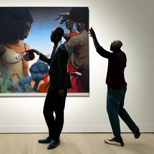 Prompt: a strikingly handsome bald african-american man with a goatee viewing contemporary artworks at the Hirshhorn museum, in the style of Johfra and Shaun Tan, By Ruan Jia and Artgerm and Range Murata and WLOP and Ross Tran and William-Adolphe Bouguereau and Beeple, Fantasy Illustration. octane render, award winning, Artstation, intricate details, realistic, Hyperdetailed, 8k resolution