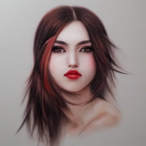 Image similar to a realistic illustration portrait of a beautiful cute girl with wavy black red hair, a pointy nose and, round chin black eyeliner, trending on artstation, intricate sift lighting, realistic