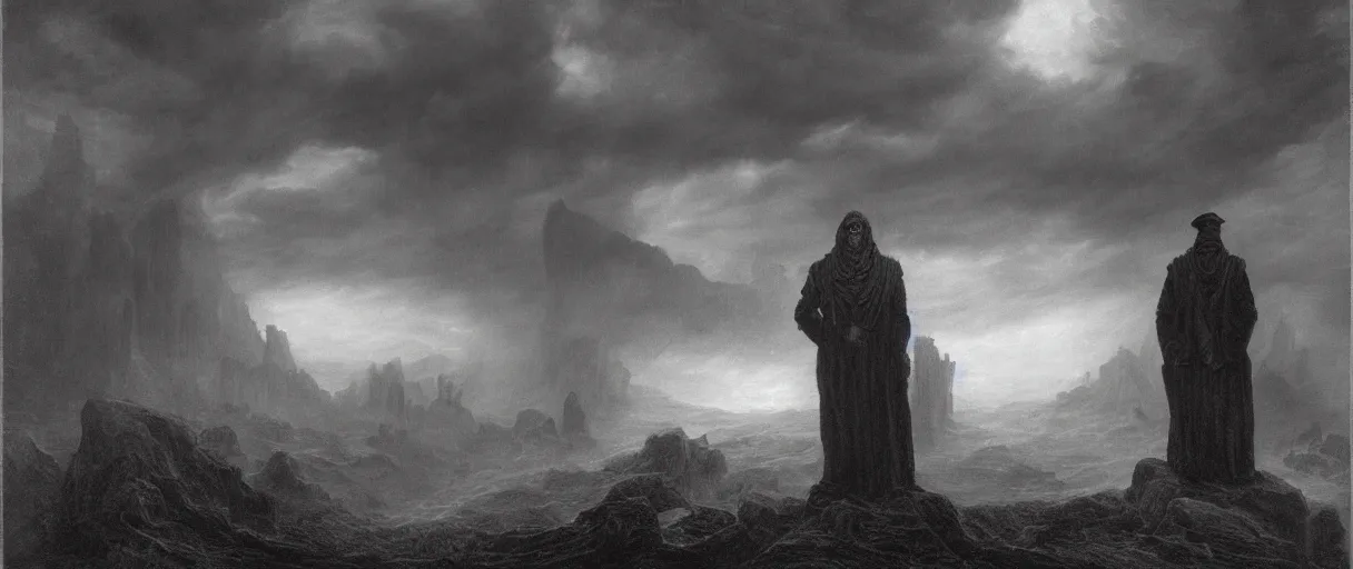 Image similar to an engraving portrait of hastur, lovecraftian atmosphere, caspar david friedrich, foggy, depth, strong shadows, stormclouds, illuminated focal point, highly detailed