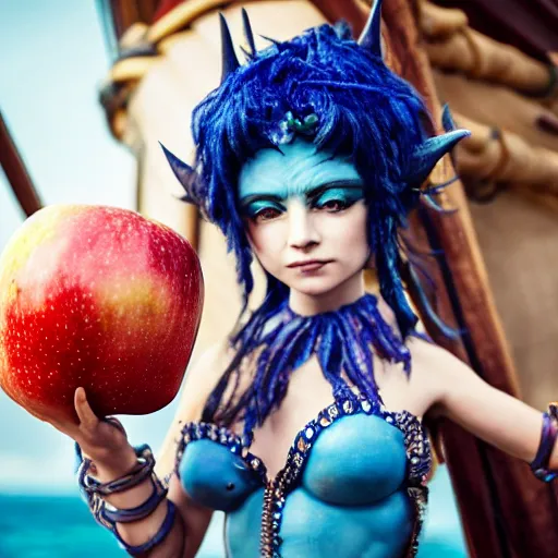 Prompt: a dnd Triton girl with blue skin and messy black hair wearing an elaborate costume made out of seashells sitting on the deck of a massive sailing ship and holding an apple, a little blue-skinned girl with messy black hair sharp pointed ears freckles along the ridges of her cheeks, dnd triton, high resolution film still, 4k, HDR colors