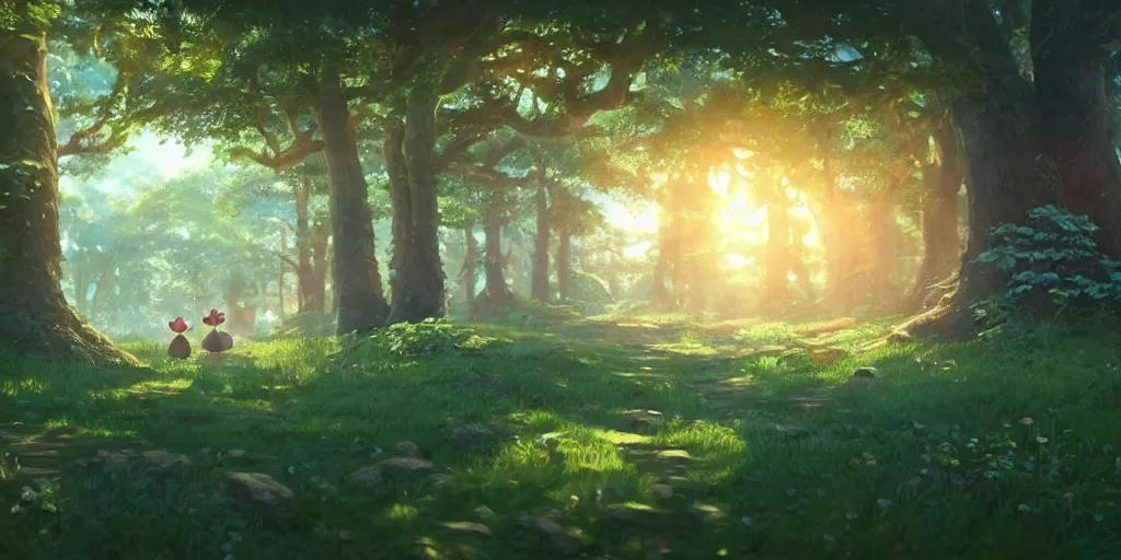Prompt: a wholesome animation key shot of a cute forest landscape on a sunny day, studio ghibli, pixar and disney animation, sharp, rendered in unreal engine 5, anime key art by greg rutkowski, bloom, dramatic, dynamic lighting