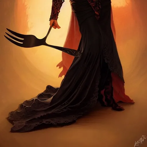 Image similar to very cute Miranda Kirr eating fork covered in honey wearing black-crimson silk dress, D&D, fantasy, intricate, elegant, highly detailed, digital painting, artstation, concept art, matte, sharp focus, illustration, hearthstone, art by Artgerm and Greg Rutkowski and Alphonse Mucha