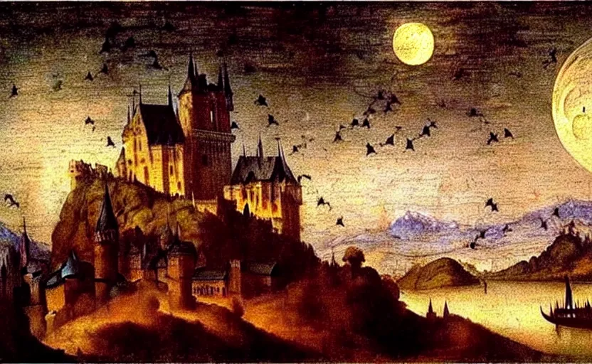 Image similar to oil painting by leonardo da vinci, full moon, french gothic burning!!! castle, fog! clouds, bats flying away from castle, blur, bokeh,