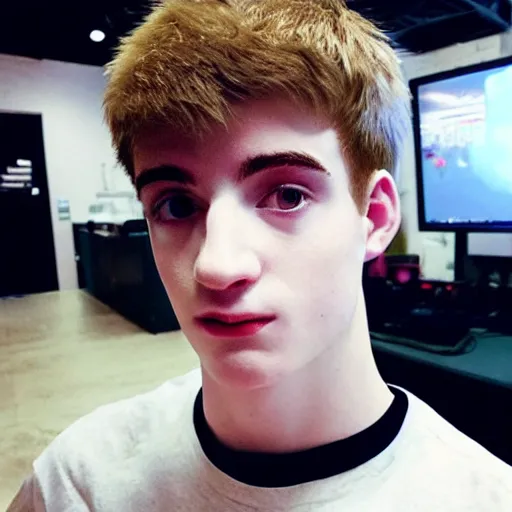 Image similar to “a realistic detailed photo of a guy who is an attractive humanoid who is half robot and half humanoid, who is a male android, twitch streamer Ninja Tyler Blevins, shiny skin, posing like a statue, blank stare, gaming room, close up”