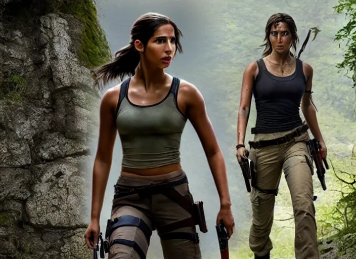 Image similar to film still of!!!! naomi scott!!! as lara croft in new tomb raider movie, 8 k