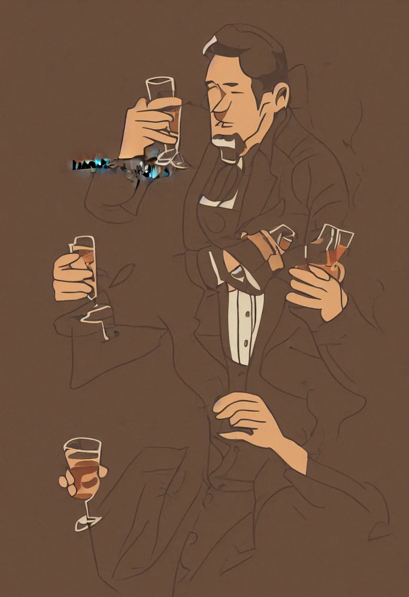 Prompt: a man drinking whiskey on his birthday, highly detailed 2 d illustration in matte colors