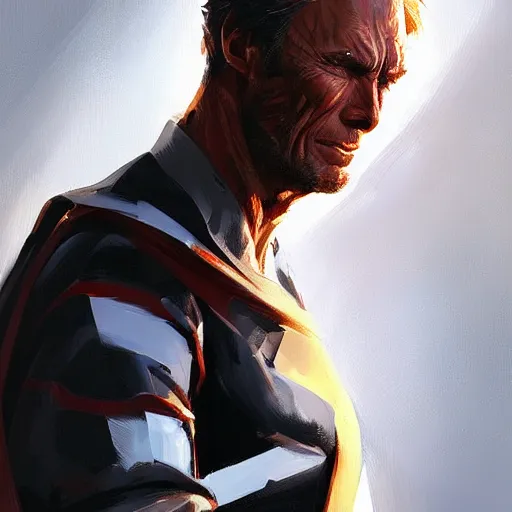 Prompt: portrait of superhero by greg rutkowski, clint eastwood wearing a black, red and blue kevlar gear, highly detailed portrait, digital painting, artstation, concept art, smooth, sharp foccus ilustration, artstation hq