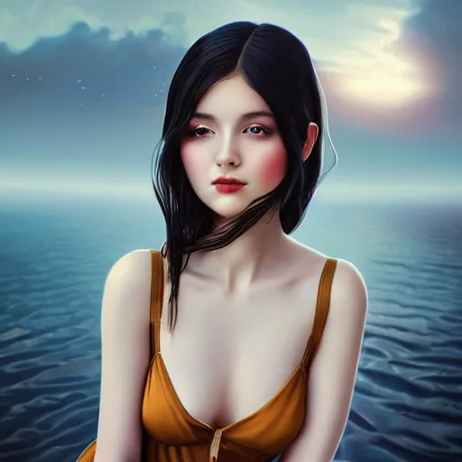 Prompt: a gorgeous female photo, professionally retouched, soft lighting, wearing sundress, illuminated by moonlight realistic, smooth face, raven black hair, perfect eyes, wide angle, sharp focus on eyes, 8 k high definition, insanely detailed, intricate, elegant, art by artgerm and wlop