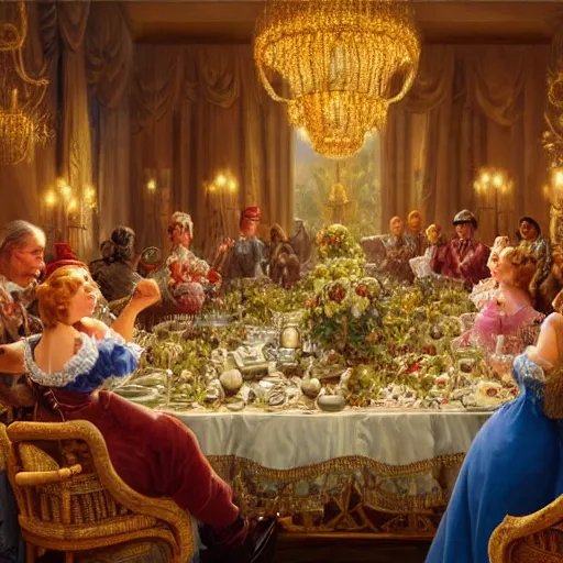 Image similar to fancy dinner with people sitting around a large dinner table, Realistic, Regal, Refined, Detailed Digital Art, Michael Cheval, Walt Disney (1937), François Boucher, Oil Painting, Steampunk, Highly Detailed, Cinematic Lighting, Unreal Engine, 8k