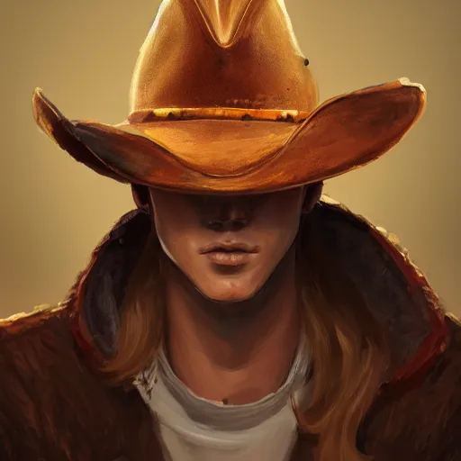 Image similar to a portrait of a teenager with an American cowboy hat, D&D, sci-fi, elegant, hopeful, muscular, highly detailed, digital painting, artstation, concept art, smooth, sharp focus, illustration