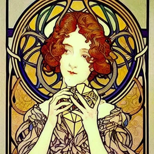 Image similar to beautiful art nouveau painting of companion - cube!!!!!!!!!!!!!!!!! companion - cube!!!!!!!!!!!!!!!!!, by william morris, mucha, gaudy colors. intricate linework. sharp edges.