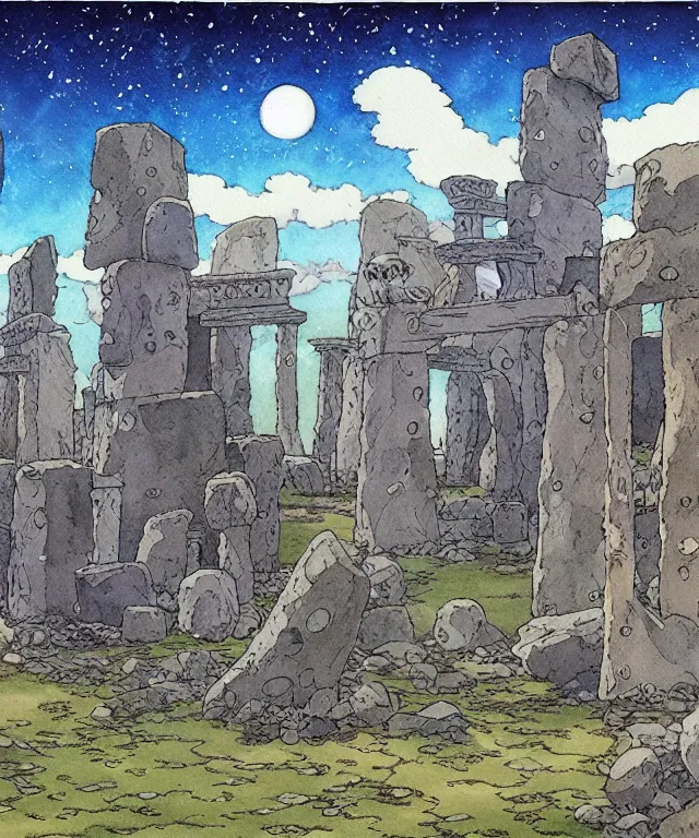 Prompt: a hyperrealist studio ghibli watercolor fantasy concept art. in the foreground is a giant grey octopus building and putting stones in to place on top of stonehenge with shooting stars all over the sky in the background. by rebecca guay, michael kaluta, charles vess