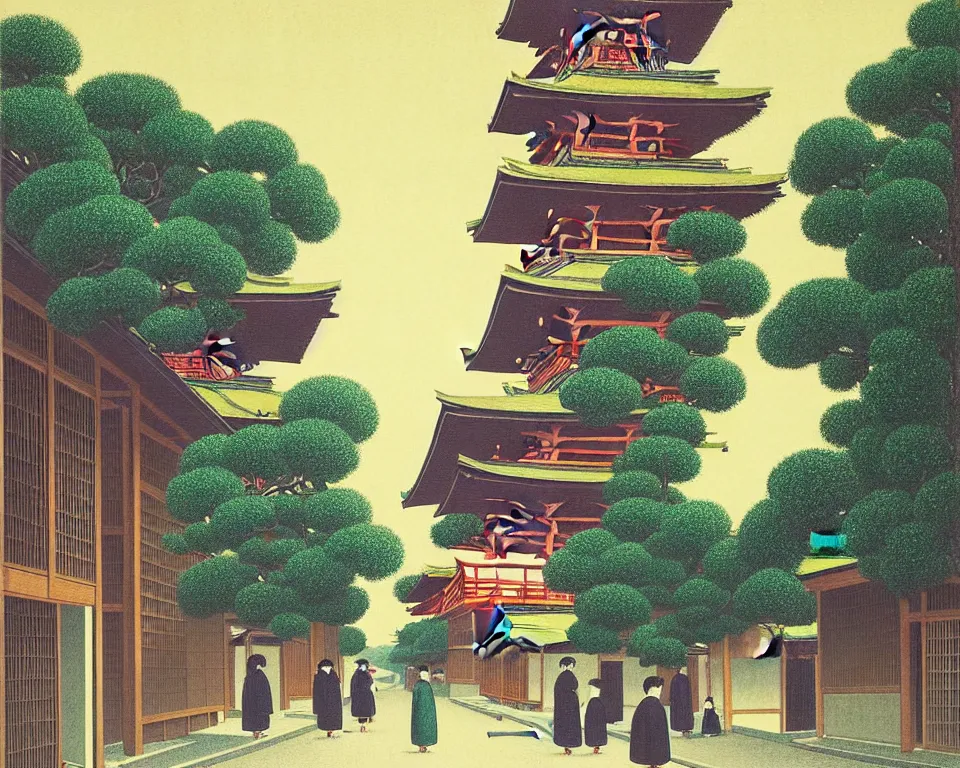 Prompt: an achingly beautiful print of a quiet street in Kyoto Japan with temples and plants, by Raphael, Hopper, and Rene Magritte. detailed, romantic, enchanting, trending on artstation.