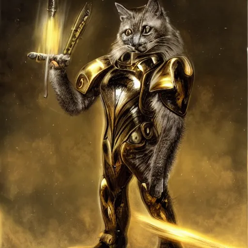 Prompt: humanoid with cat-like features in futuristic armor, yellow eyes, teeth that protrude past the lower lip and fine grayish fur on their faces and backs of their hands and carrying weapons,