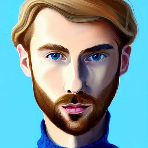 Prompt: gangly man with short dirty blond wavy hair, dirty blond stubble beard, no mustache, English heritage, blue eyes, middle aged, wearing a turtleneck and jacket, pale skin, narrow face, digital art, painterly, cartoon, cute, 8k, illustration, art by loish, painterly, trending on artstation, medium shot, uncropped