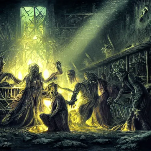 Prompt: evil souls being produced in incomprehensible sweatshop under fluorescent light hell, advanced, photorealistic, realistic, dramatic lighting, fantastic reality, by jeff easley, 8 k resolution