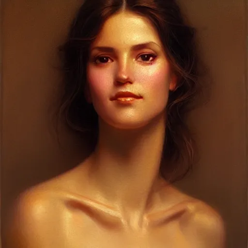 Image similar to Facial portrait of a cute shy woman, looking away from the camera, seductive smile, sparkle in eyes, mouth slightly open, lips slightly parted, long flowing hair, no hands visible, intricate, extremely detailed painting by Henry Justice Ford and by Greg Rutkowski and by Moebius, golden hour
