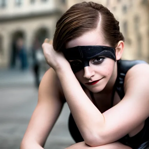 Image similar to Emma Watson as Catwoman, XF IQ4, 150MP, 50mm, f/1.4, ISO 200, 1/160s, natural light, Adobe Lightroom, photolab, Affinity Photo, PhotoDirector 365, filling the frame, rule of thirds, framing, symmetrical balance, depth layering